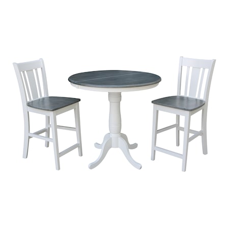 International Concepts Round 36 in Rd Extend Dining Table, 2 San Remo Stools, White/Heather Gray, 36 W, 48 L, 35.3 in H K05-36RXT-6B-S102-2